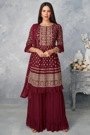 Real Georgette Deep Red Peplum Sharara Suit