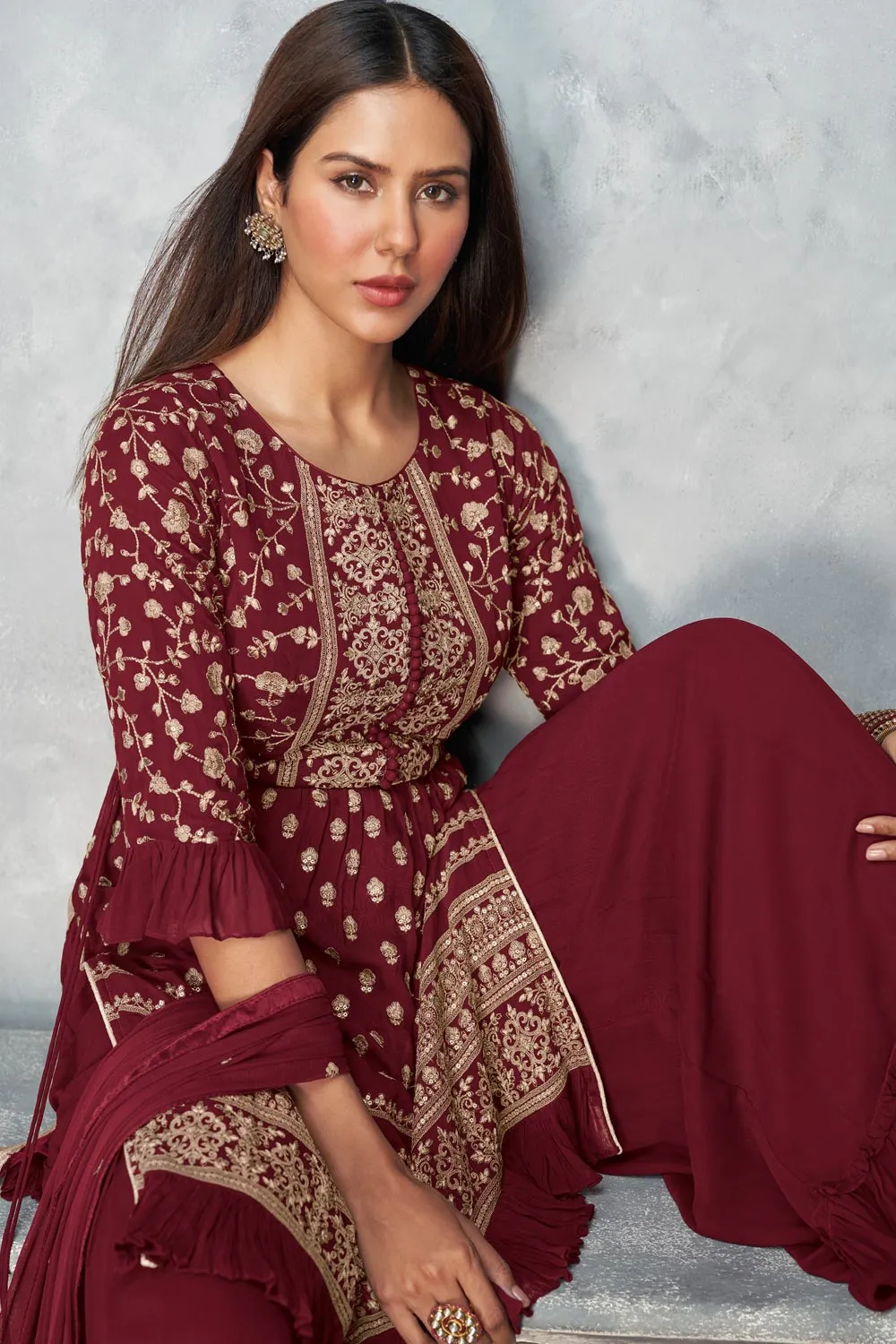 Real Georgette Deep Red Peplum Sharara Suit