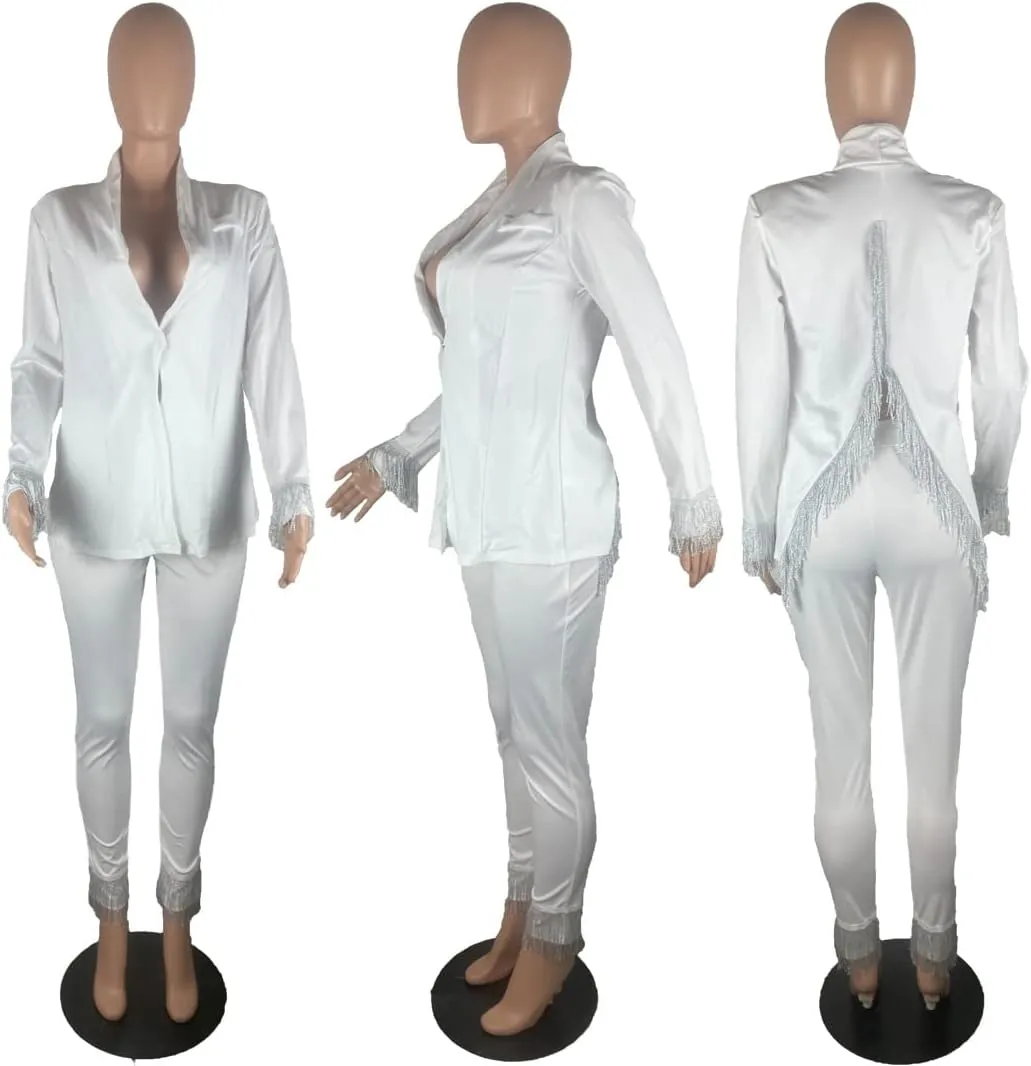 Recious Womens Sexy 2 Pieces Tassel Blazer Jackets Shirts Bodycon Pants Party Clubwear Tracksuit Outfits Suit Set