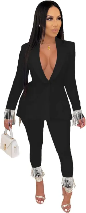 Recious Womens Sexy 2 Pieces Tassel Blazer Jackets Shirts Bodycon Pants Party Clubwear Tracksuit Outfits Suit Set