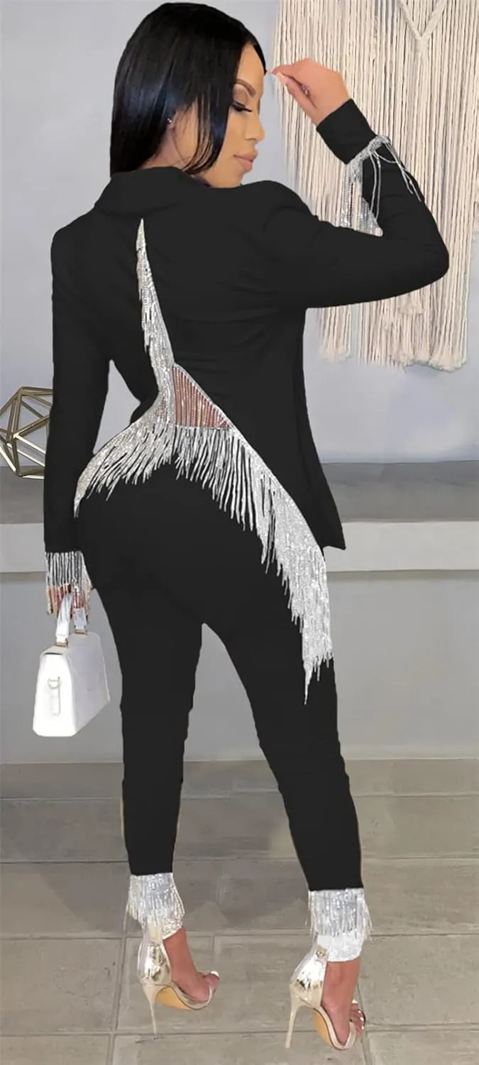 Recious Womens Sexy 2 Pieces Tassel Blazer Jackets Shirts Bodycon Pants Party Clubwear Tracksuit Outfits Suit Set