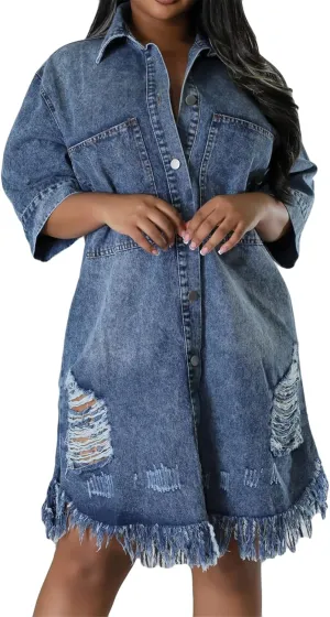 Recious Womens Sexy Half Sleeve Lapel Ripped Distressed Destroyed Button Bodycon Party Clubwear Denim Jackets Dress