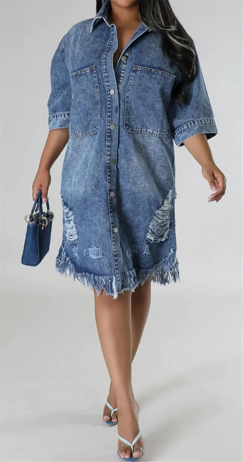 Recious Womens Sexy Half Sleeve Lapel Ripped Distressed Destroyed Button Bodycon Party Clubwear Denim Jackets Dress
