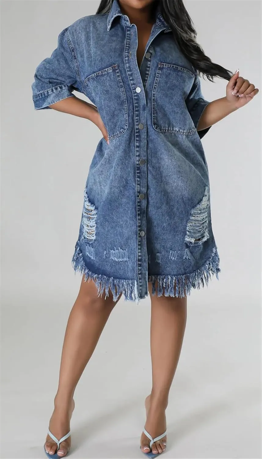 Recious Womens Sexy Half Sleeve Lapel Ripped Distressed Destroyed Button Bodycon Party Clubwear Denim Jackets Dress