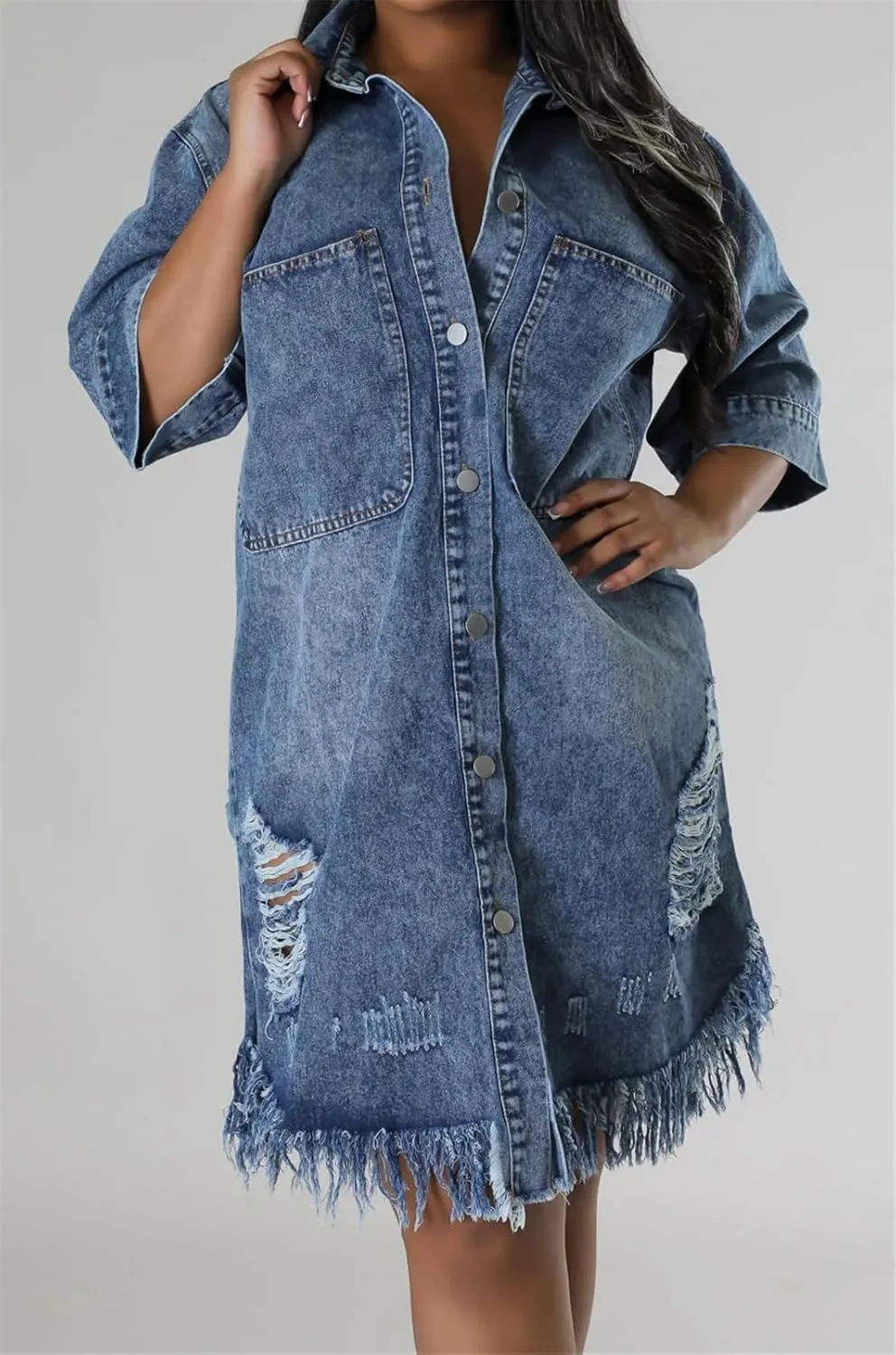 Recious Womens Sexy Half Sleeve Lapel Ripped Distressed Destroyed Button Bodycon Party Clubwear Denim Jackets Dress