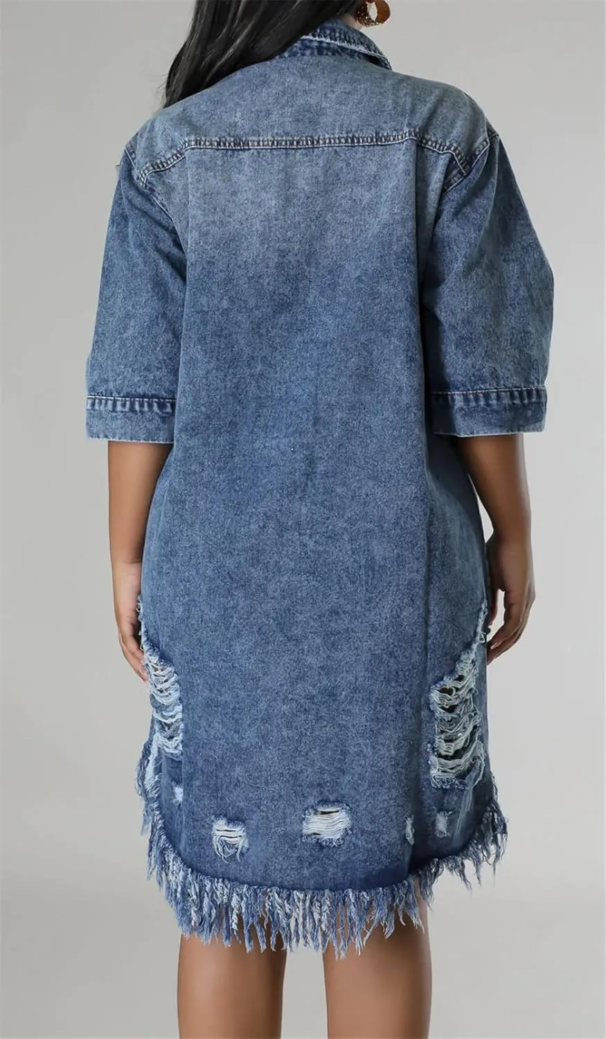 Recious Womens Sexy Half Sleeve Lapel Ripped Distressed Destroyed Button Bodycon Party Clubwear Denim Jackets Dress