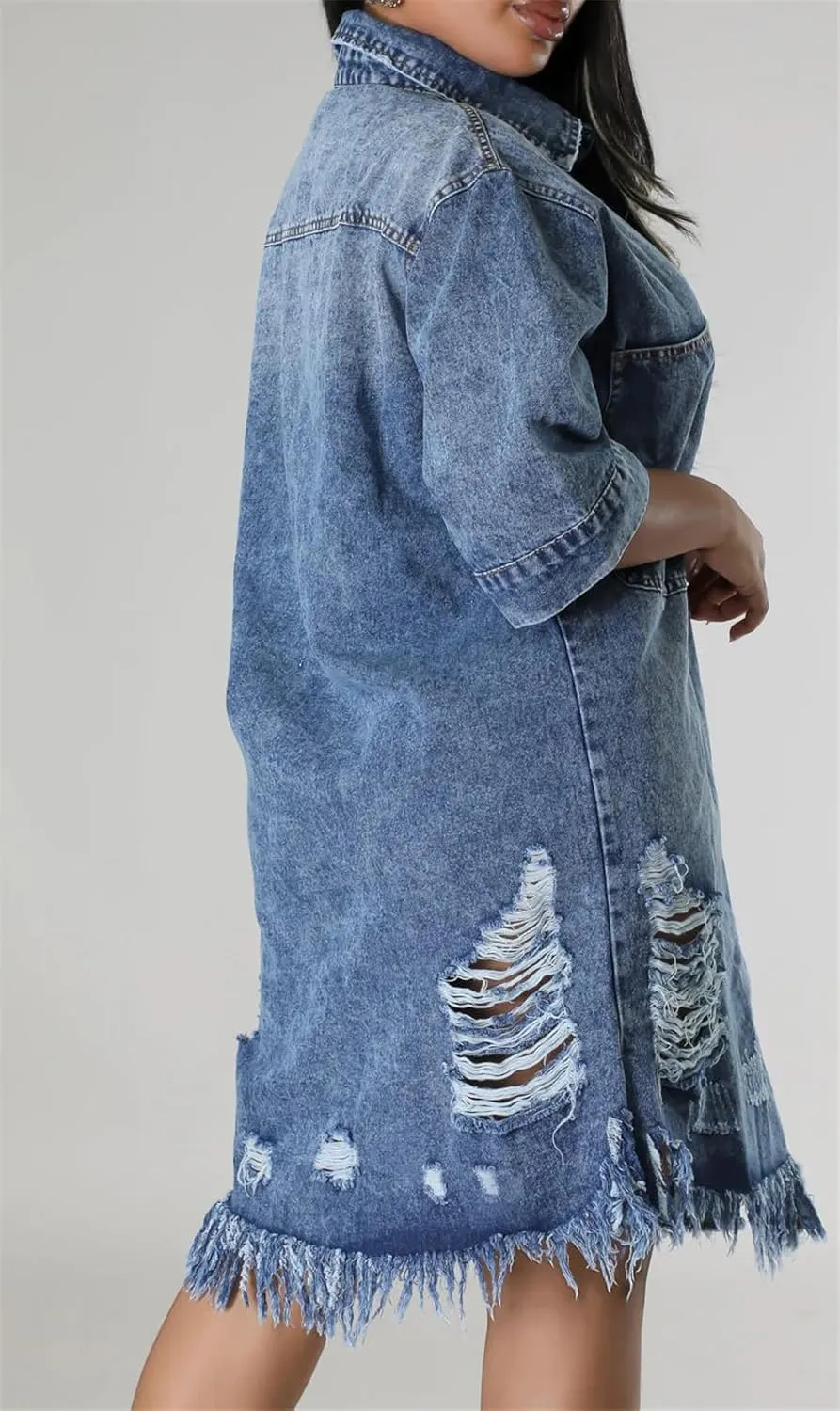 Recious Womens Sexy Half Sleeve Lapel Ripped Distressed Destroyed Button Bodycon Party Clubwear Denim Jackets Dress