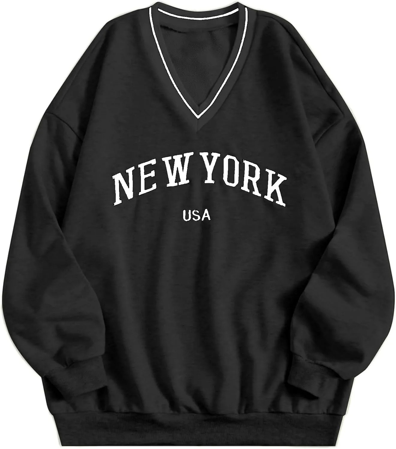 Remidoo Womens New York Embroidered V Neck Sweatshirt Oversized Long Sleeve Pullover Top