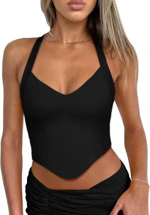 REORIA Butsmooth Double Lined Sexy Halter Tops Camisole V Neck Sleeveless Corset Y2K Going Out Crop Tank Tops for Women