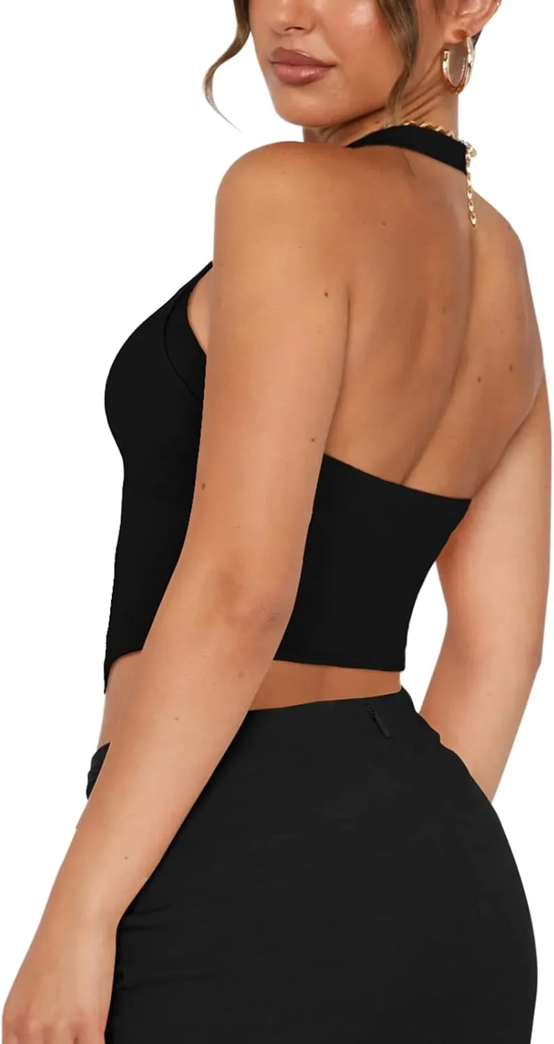 REORIA Butsmooth Double Lined Sexy Halter Tops Camisole V Neck Sleeveless Corset Y2K Going Out Crop Tank Tops for Women