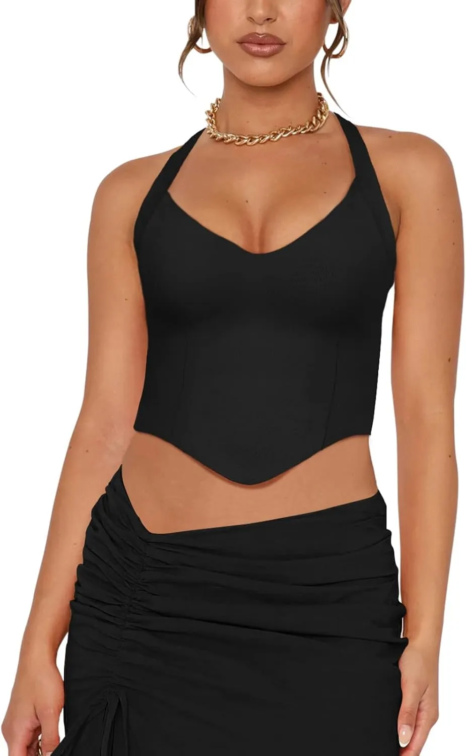 REORIA Butsmooth Double Lined Sexy Halter Tops Camisole V Neck Sleeveless Corset Y2K Going Out Crop Tank Tops for Women