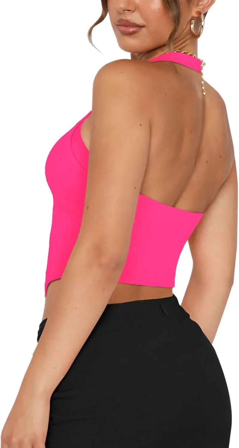 REORIA Butsmooth Double Lined Sexy Halter Tops Camisole V Neck Sleeveless Corset Y2K Going Out Crop Tank Tops for Women