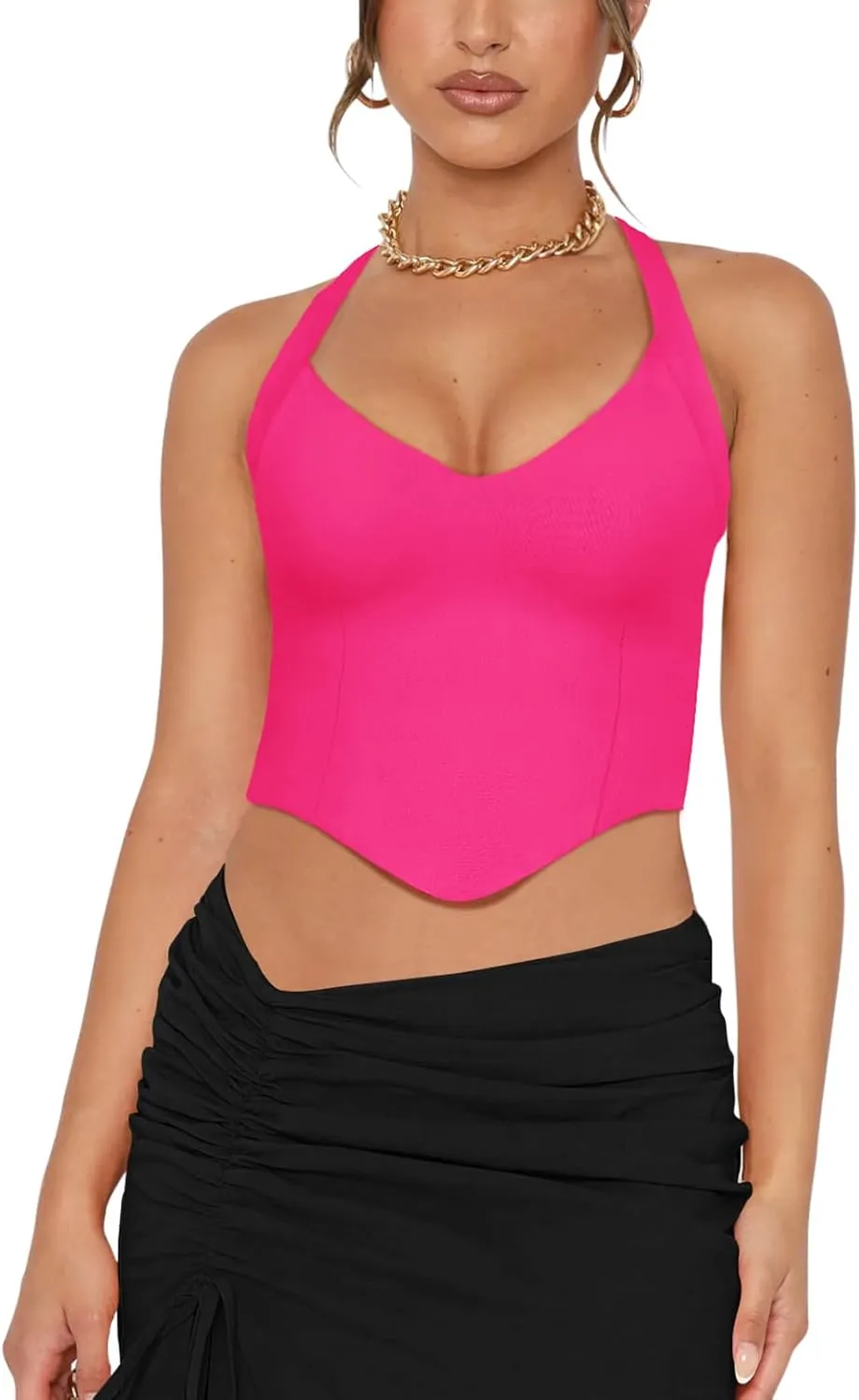 REORIA Butsmooth Double Lined Sexy Halter Tops Camisole V Neck Sleeveless Corset Y2K Going Out Crop Tank Tops for Women