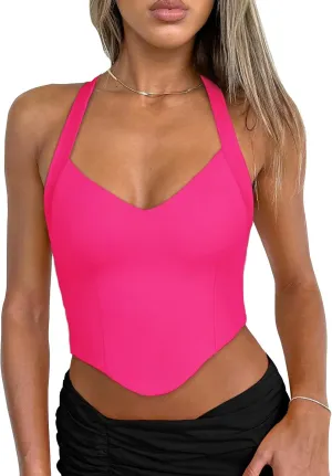 REORIA Butsmooth Double Lined Sexy Halter Tops Camisole V Neck Sleeveless Corset Y2K Going Out Crop Tank Tops for Women