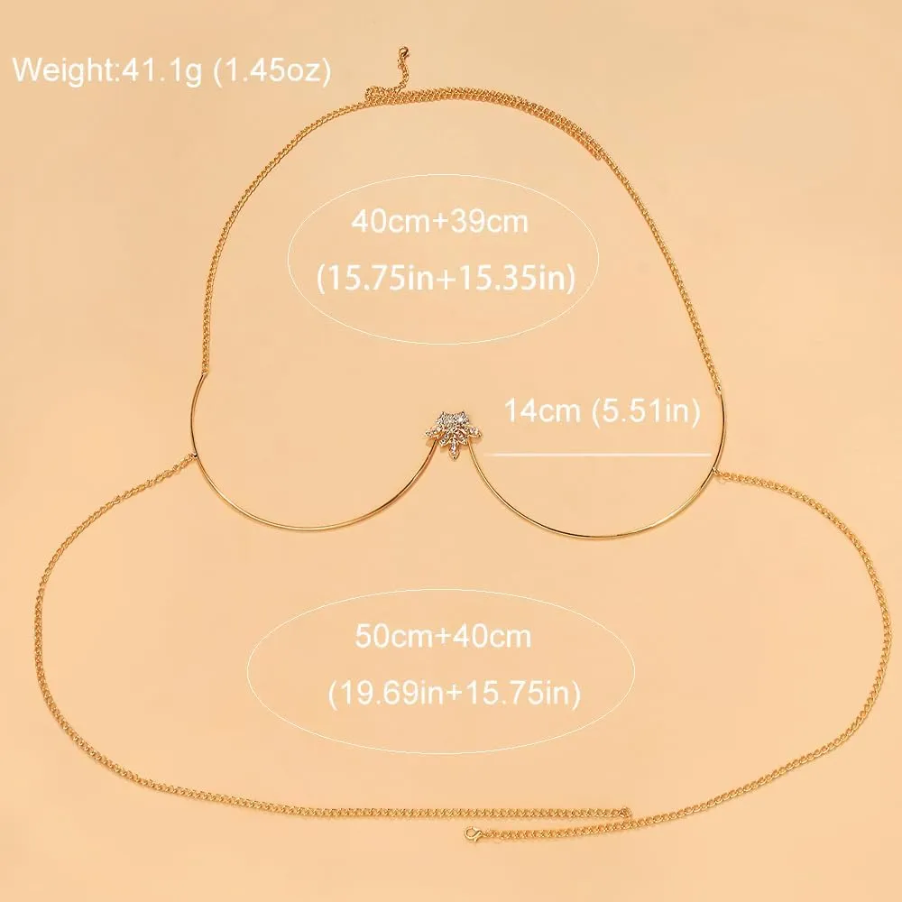 Rhinestone Leaf Metal Chest Bracket Bra Chain Bralette Bikini Gold Body Chain Jewelry For Women Sexy