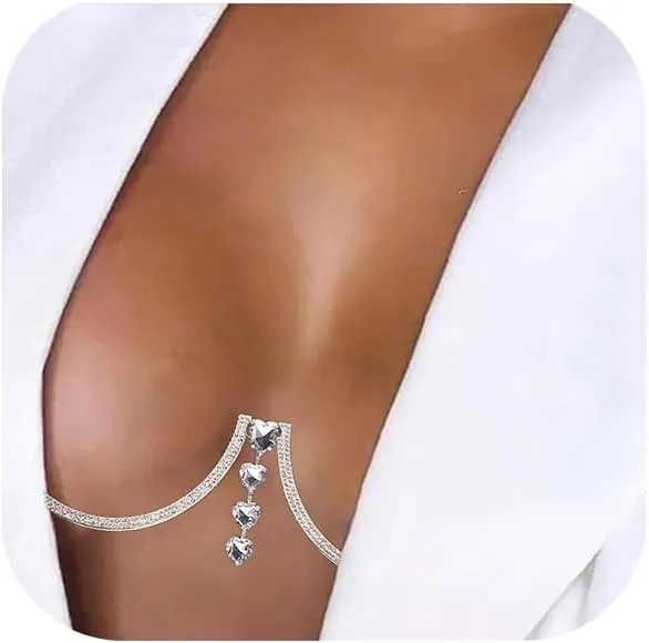 Rhinestone Sexy Chest Bracket Chain Crystal Heart Pendant Chest Bracket Bra Chain Rave Party Bikini Body Chain Jewelry Accessory for Women