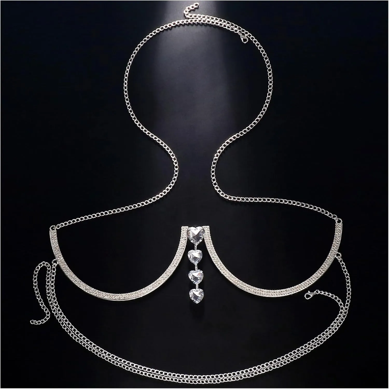 Rhinestone Sexy Chest Bracket Chain Crystal Heart Pendant Chest Bracket Bra Chain Rave Party Bikini Body Chain Jewelry Accessory for Women