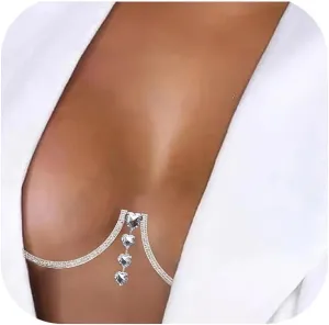 Rhinestone Sexy Chest Bracket Chain Crystal Heart Pendant Chest Bracket Bra Chain Rave Party Bikini Body Chain Jewelry Accessory for Women
