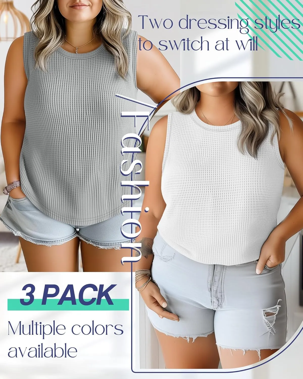 Riyiper 3 Pack Women's Plus Size Tank Tops, Waffle Knit Crew Neck Sleeveless Shirts Summer Casual Loose Curved Hem Tunic Tops