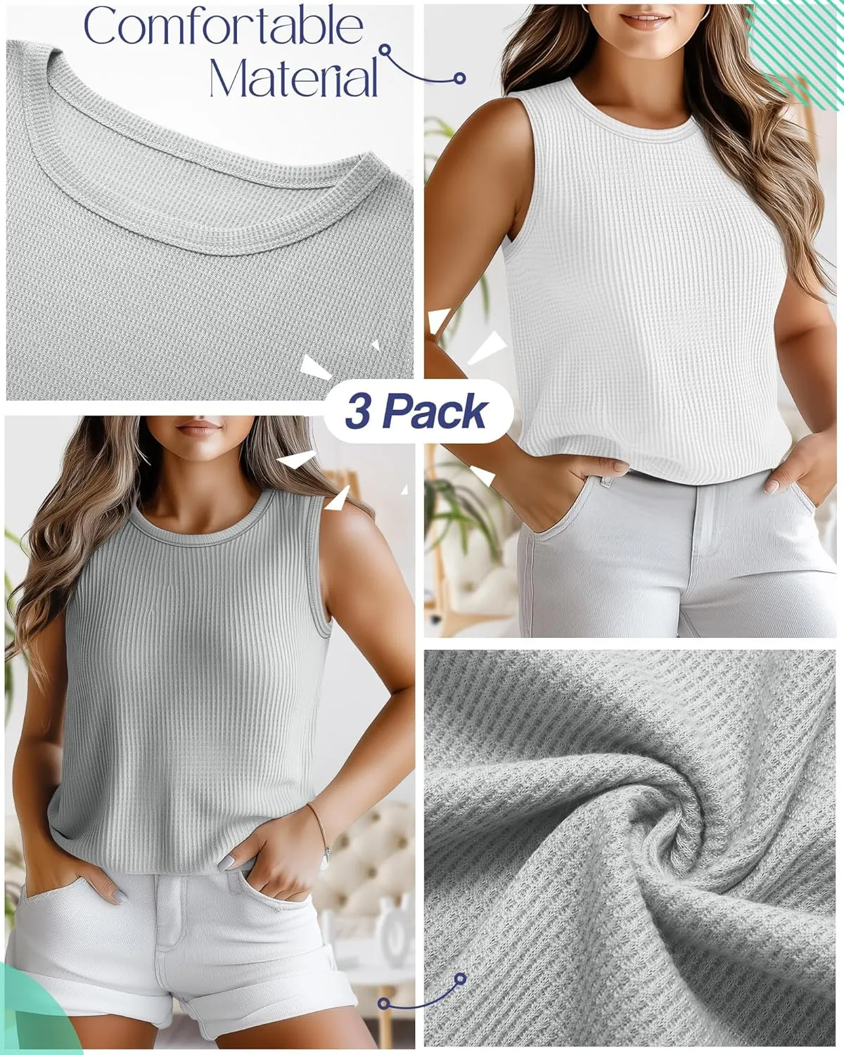Riyiper 3 Pack Women's Plus Size Tank Tops, Waffle Knit Crew Neck Sleeveless Shirts Summer Casual Loose Curved Hem Tunic Tops