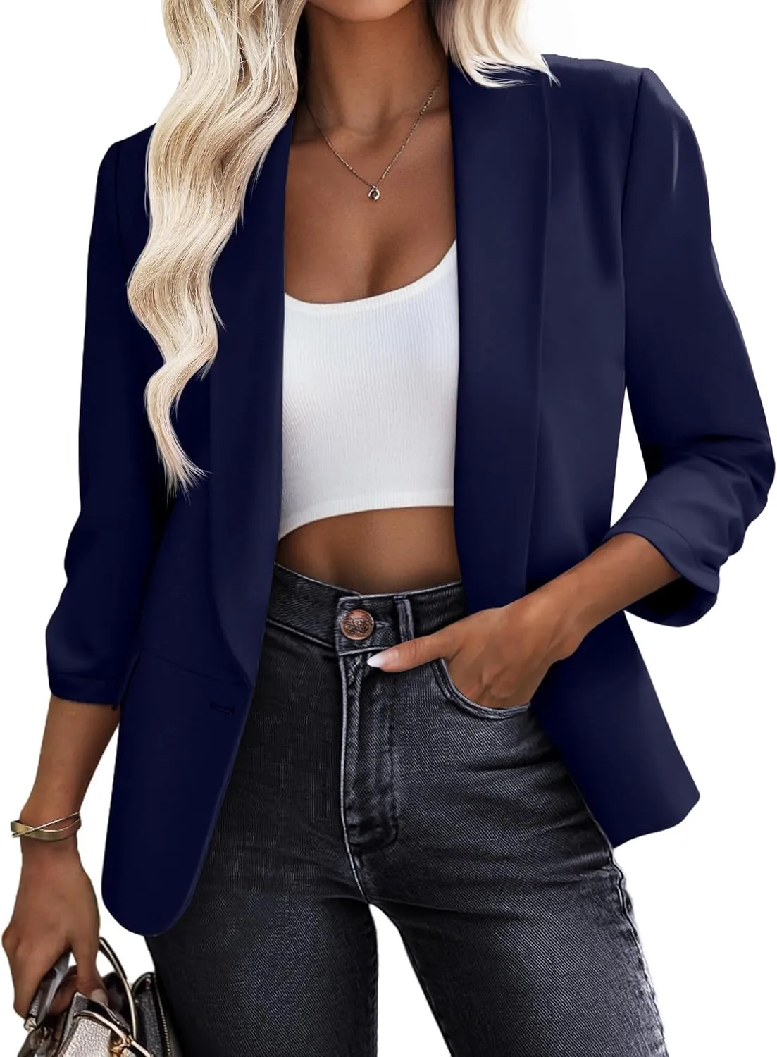 Riyiper Women's 3/4 Sleeve Blazer Open Front Blazer Jackets Casual Outfits Work Office Suit with Pockets