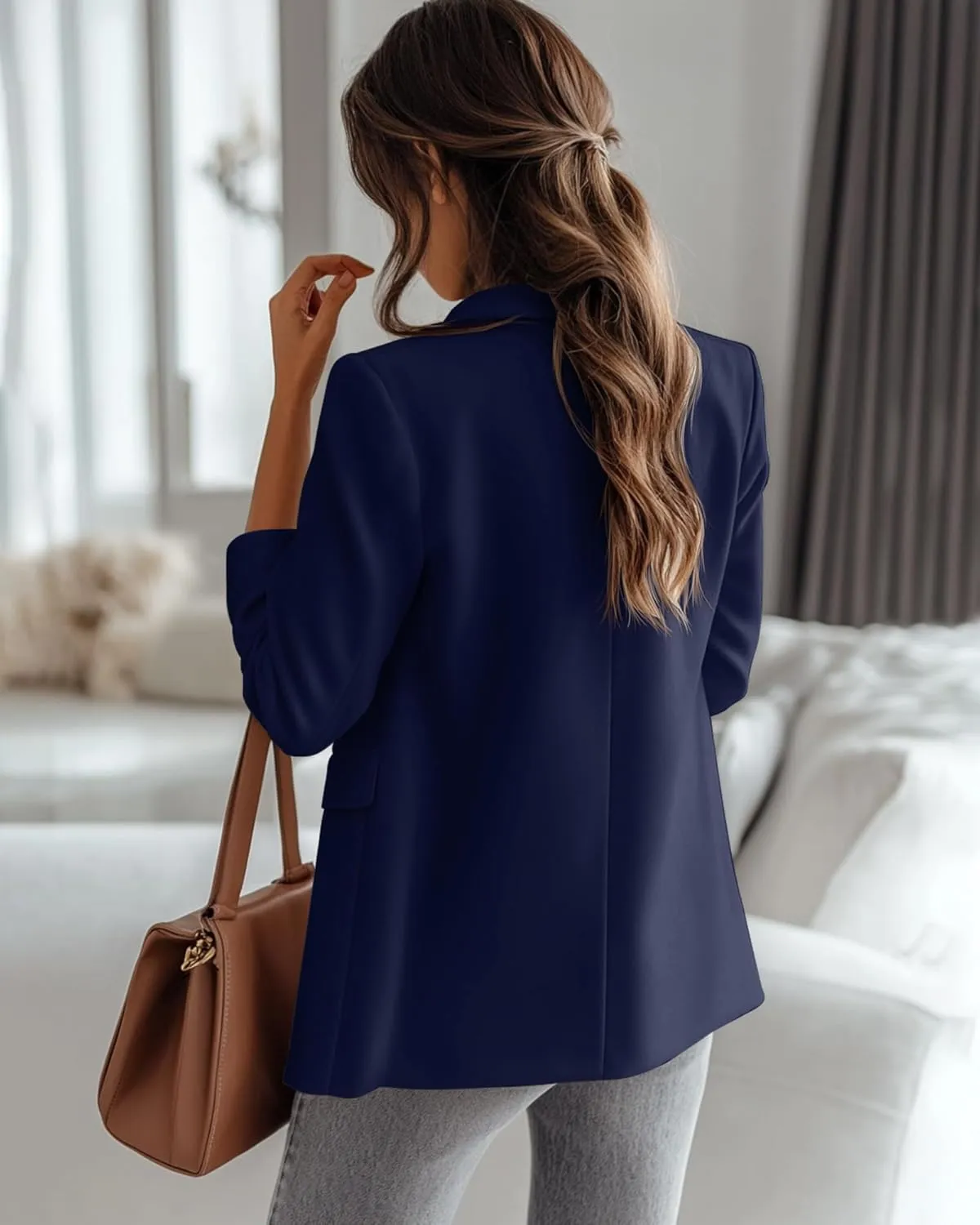 Riyiper Women's 3/4 Sleeve Blazer Open Front Blazer Jackets Casual Outfits Work Office Suit with Pockets