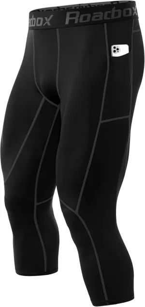 Roadbox Mens 3/4 Compression Pants with Pockets, 1/2 Pack Athletic Running Legging Tights, Workout Basketball Gym Base Layer