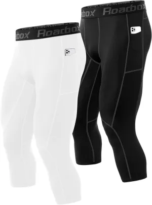 Roadbox Mens 3/4 Compression Pants with Pockets, 1/2 Pack Athletic Running Legging Tights, Workout Basketball Gym Base Layer