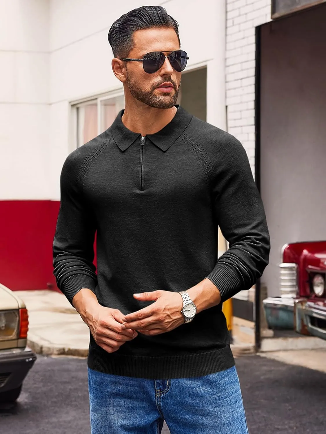 Runcati Mens Knit Polo Shirts Long Sleeve Quarter Zip Sweater Casual Slim Fit Golf Pullover Shirt