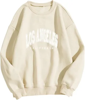 SAFRISIOR Women Oversized Los Angeles California Letter Print Graphic Fleece Sweatshirt Crewneck Long Sleeve Pullover Top