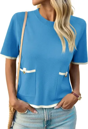 Saodimallsu Womens Short Sleeve Sweater Color Block Crew Neck Summer Crop Tops Loose Casual Knit Shirts with Pockets