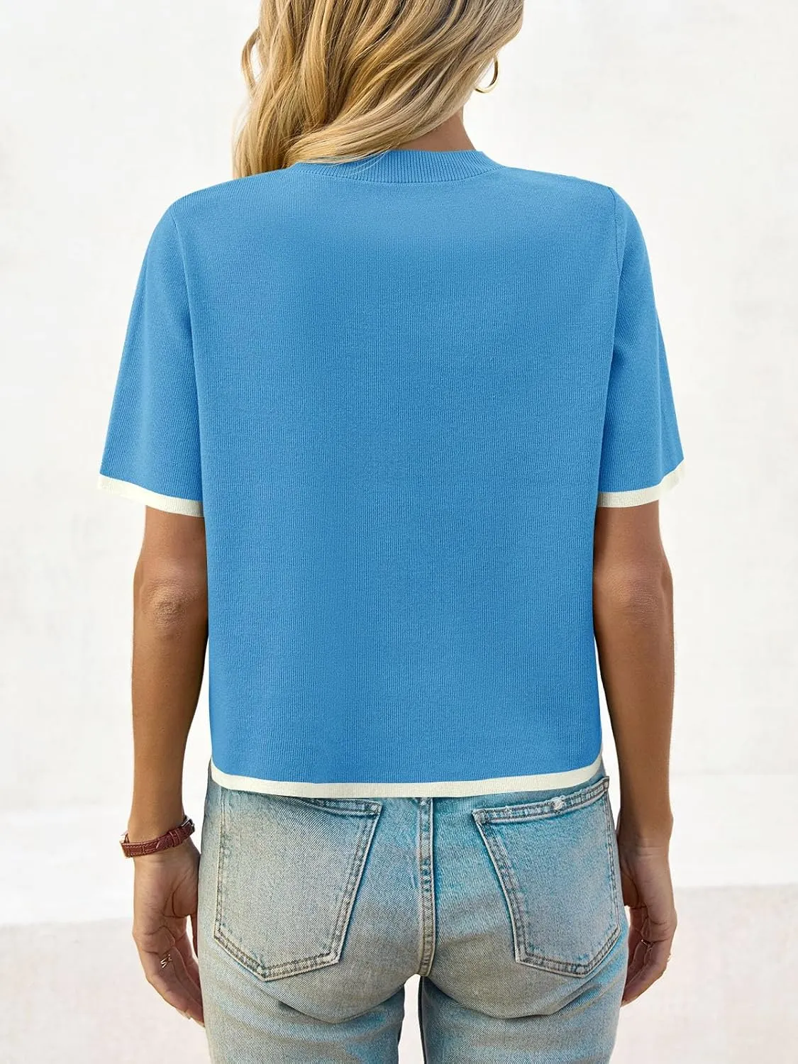 Saodimallsu Womens Short Sleeve Sweater Color Block Crew Neck Summer Crop Tops Loose Casual Knit Shirts with Pockets