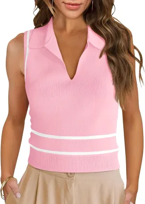 Saodimallsu Womens Sleeveless Cropped Sweater Vest V Neck Collared Color Block Y2k Crop Tank Top Summer Polo Shirts
