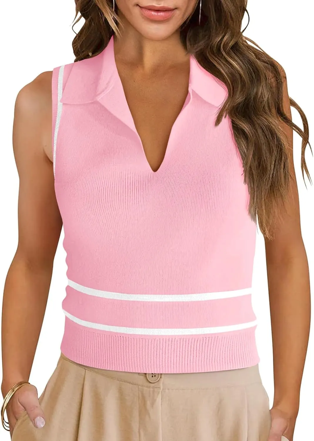 Saodimallsu Womens Sleeveless Cropped Sweater Vest V Neck Collared Color Block Y2k Crop Tank Top Summer Polo Shirts