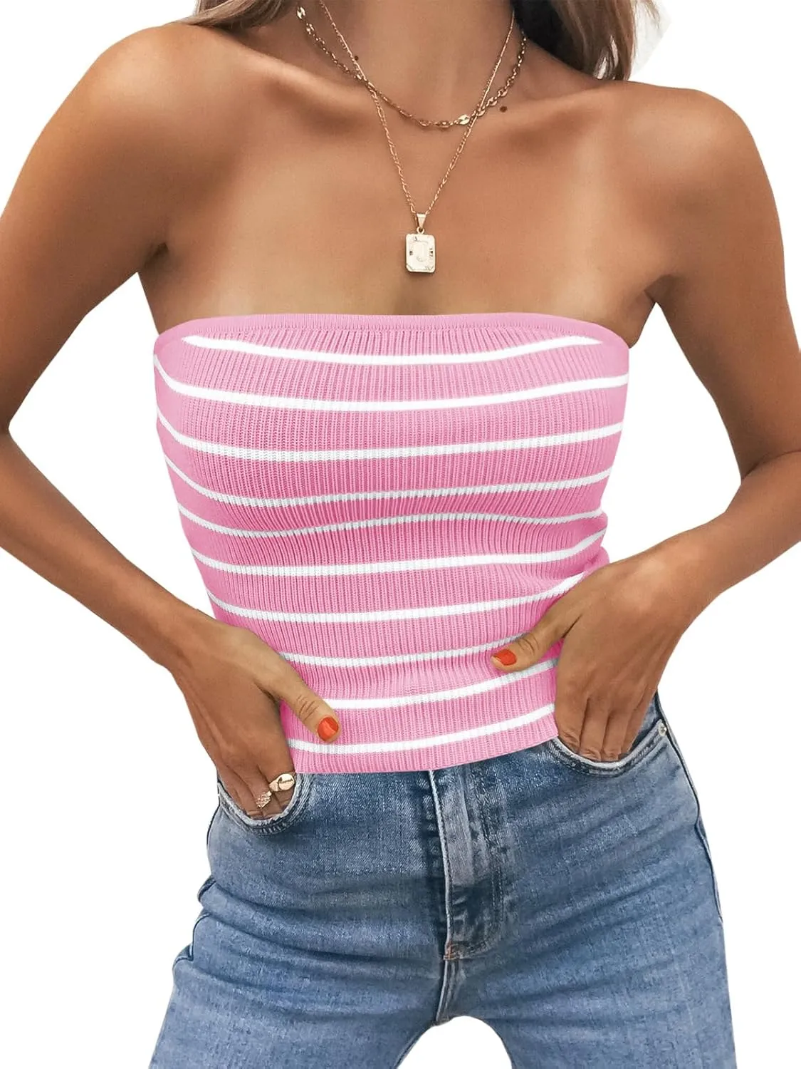Saodimallsu Womens Striped Tube Top Strapless Sexy Y2K Summer Going Out Slim Fit Knit Bandeau Sweater Tops
