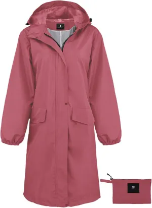SaphiRose Women's Long Rain Jacket Waterproof Lightweight Hooded Raincoat Packable Knee Length Rain coat