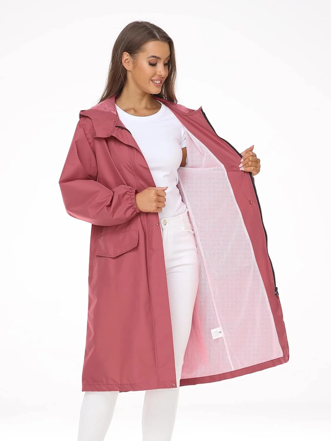 SaphiRose Women's Long Rain Jacket Waterproof Lightweight Hooded Raincoat Packable Knee Length Rain coat
