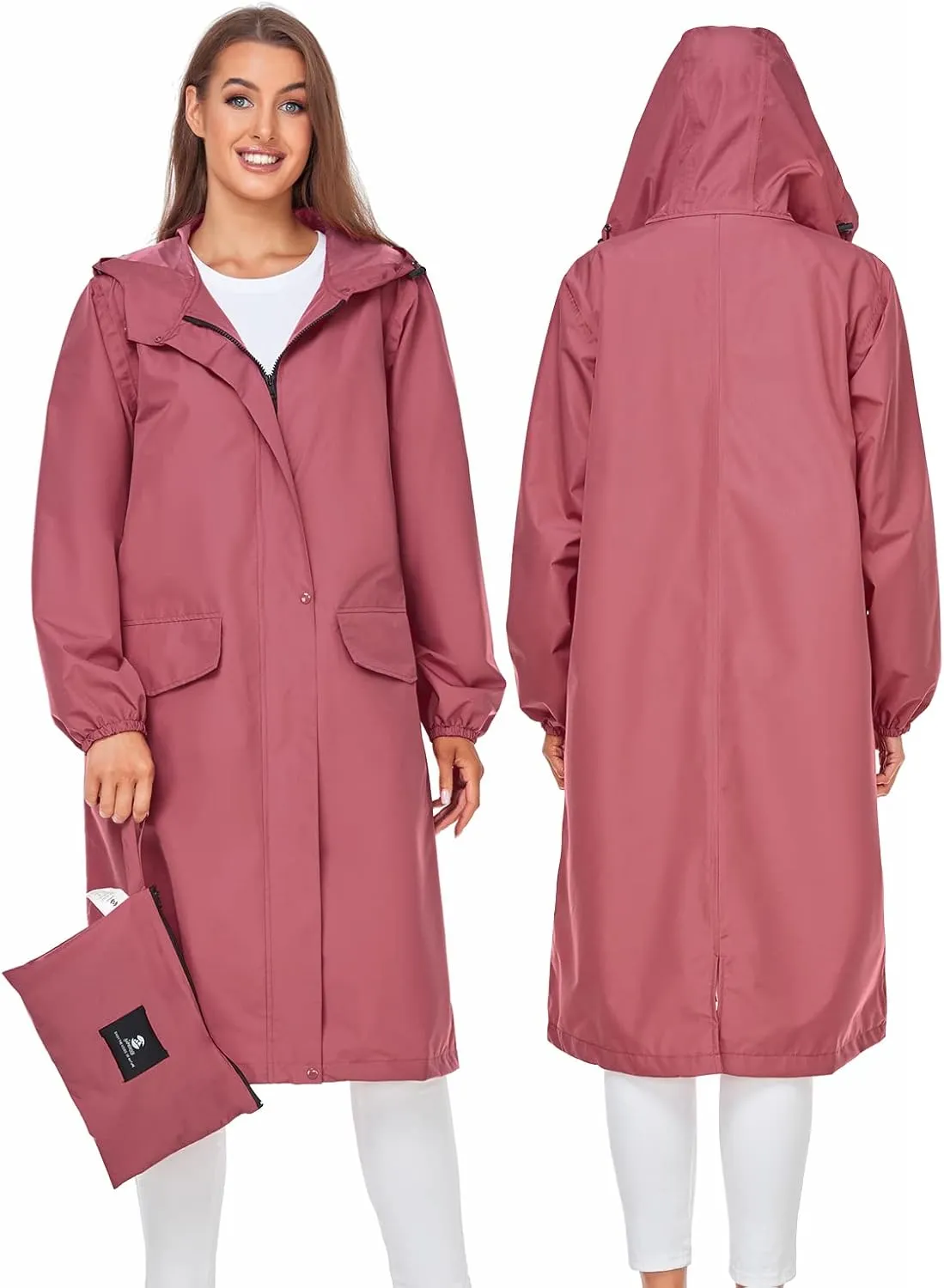 SaphiRose Women's Long Rain Jacket Waterproof Lightweight Hooded Raincoat Packable Knee Length Rain coat