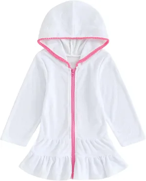 SAYOO Kid Girls Swim Cover Up Kid Hooded Zip-Up Terry Swimsuit Coverup Towel Bathing Suit Bathrobe Pool Beach Robe Dress (Y White, 4-5 Years)