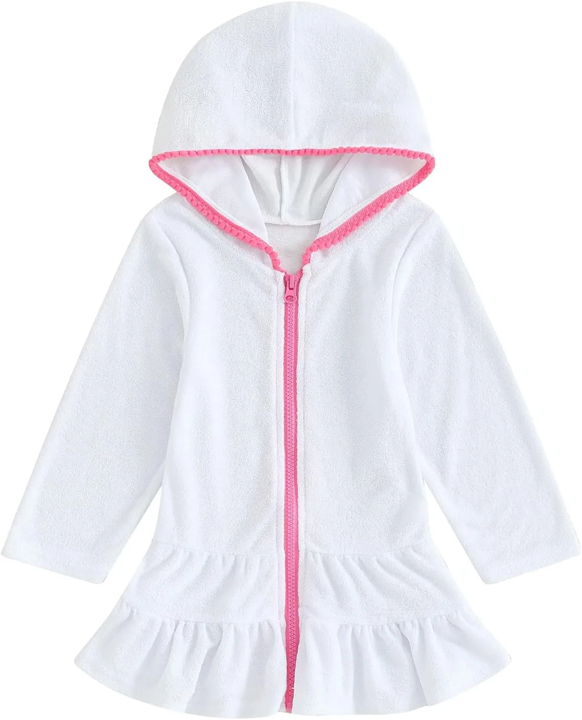 SAYOO Kid Girls Swim Cover Up Kid Hooded Zip-Up Terry Swimsuit Coverup Towel Bathing Suit Bathrobe Pool Beach Robe Dress (Y White, 4-5 Years)