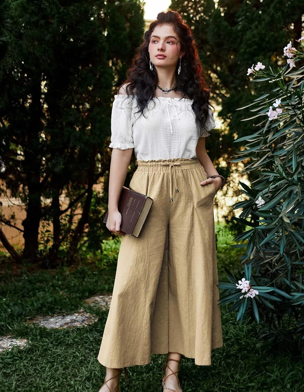 Scarlet Darkness Women Wide Leg Pants High Waist Linen Casual Loose Lounge Trousers with Pockets