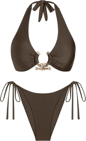 seamoly Bikini Sets for Women Metal Ring Shiny Two Piece Swimsuit Halter High Cut Tie Side Thong Bathing Suit Sexy Swimwear