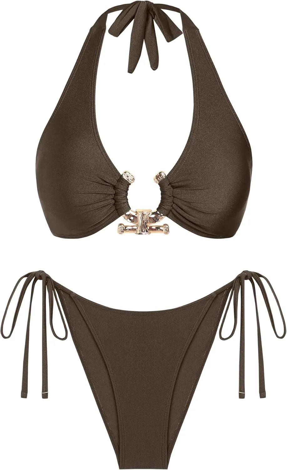 seamoly Bikini Sets for Women Metal Ring Shiny Two Piece Swimsuit Halter High Cut Tie Side Thong Bathing Suit Sexy Swimwear