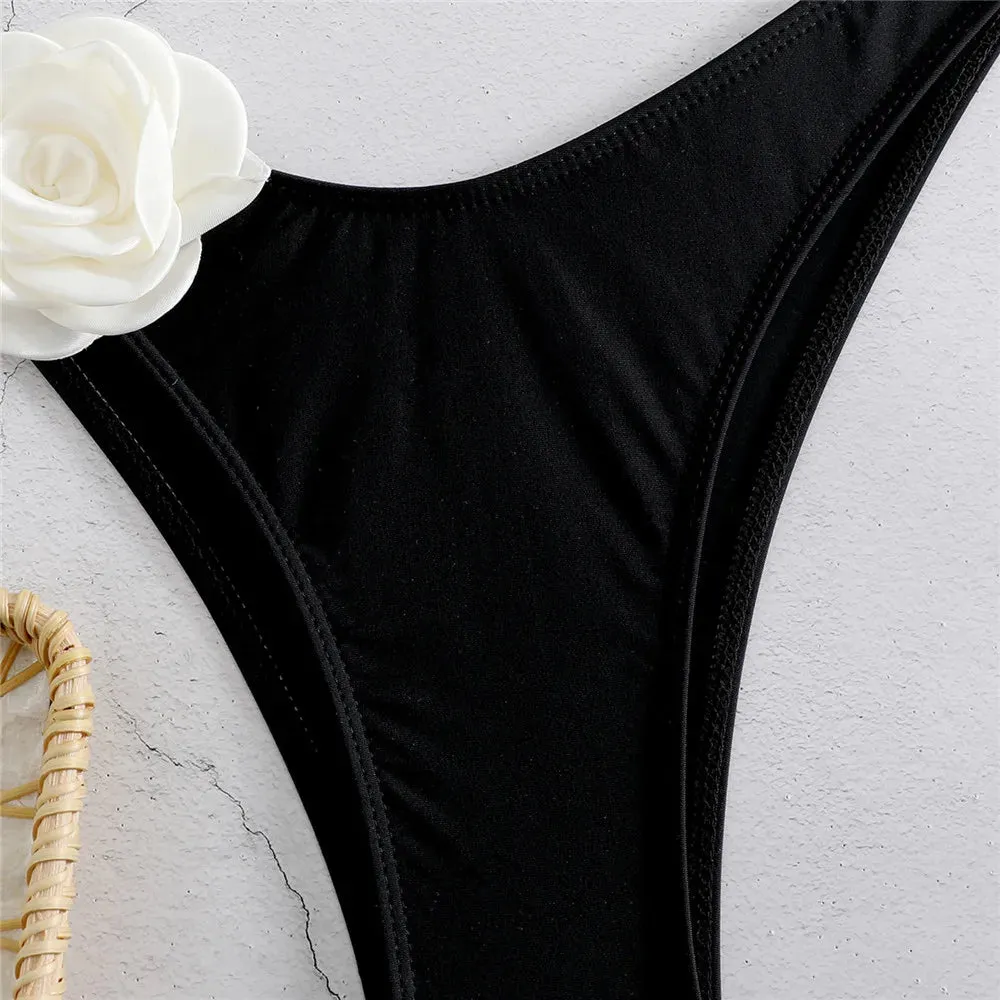 Sexy Flower Bandeau Swimwear Thong Bikini Women Lace-up Set