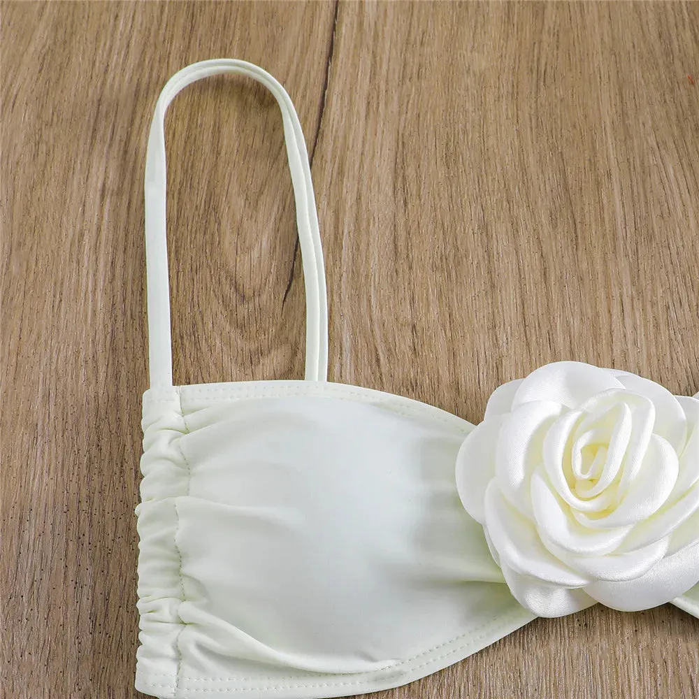 Sexy Flower Bandeau Swimwear Thong Bikini Women Lace-up Set