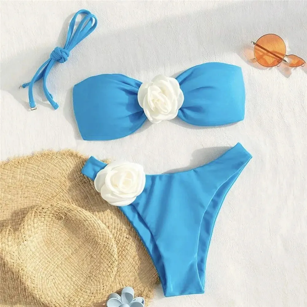Sexy Flower Bandeau Swimwear Thong Bikini Women Lace-up Set