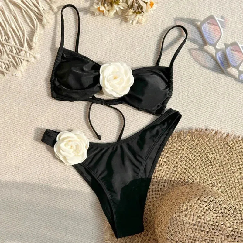 Sexy Flower Bandeau Swimwear Thong Bikini Women Lace-up Set
