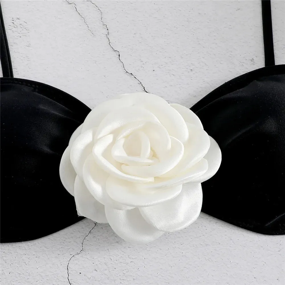 Sexy Flower Bandeau Swimwear Thong Bikini Women Lace-up Set