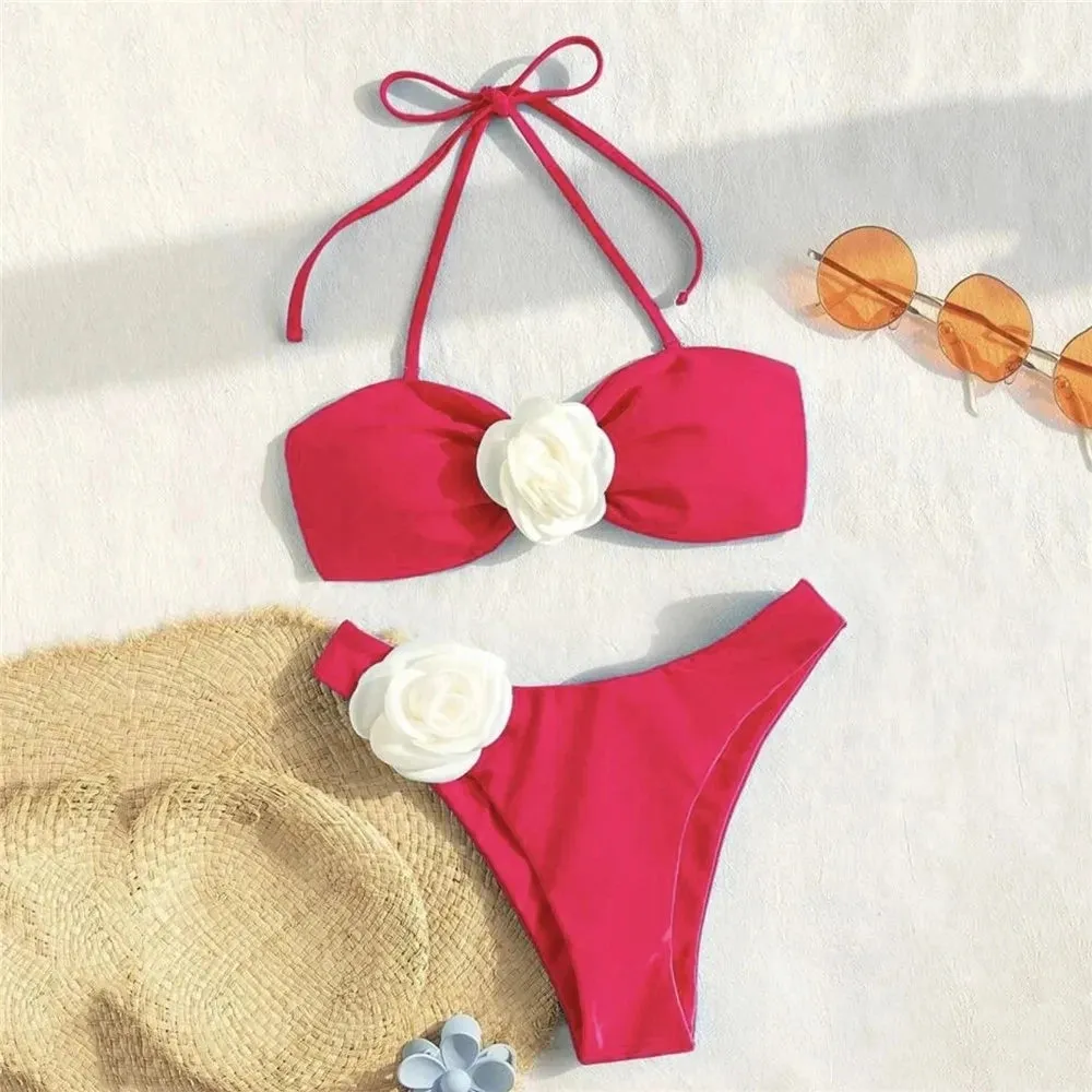Sexy Flower Bandeau Swimwear Thong Bikini Women Lace-up Set