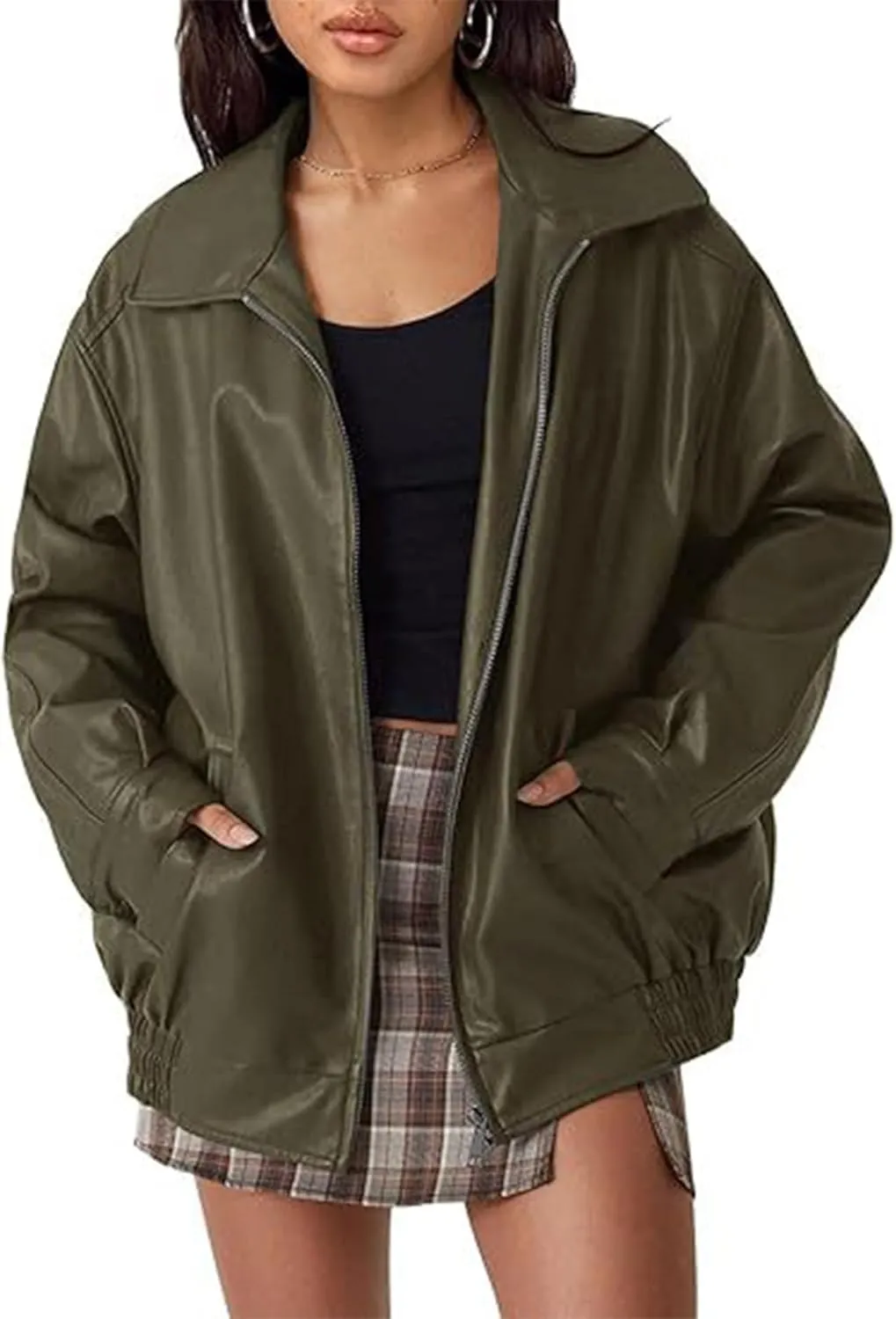 Sexyshine Women's Oversized Jackets PU Leather Leather Faux Motorcycle Plus Size Moto Biker Coat Fall Outfits